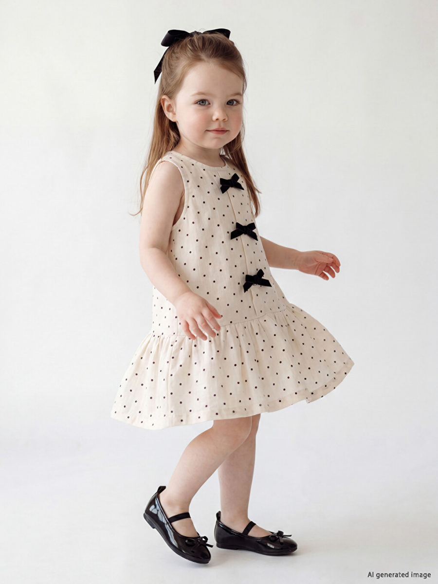 Crew Neck Polka Dot Bow Dress