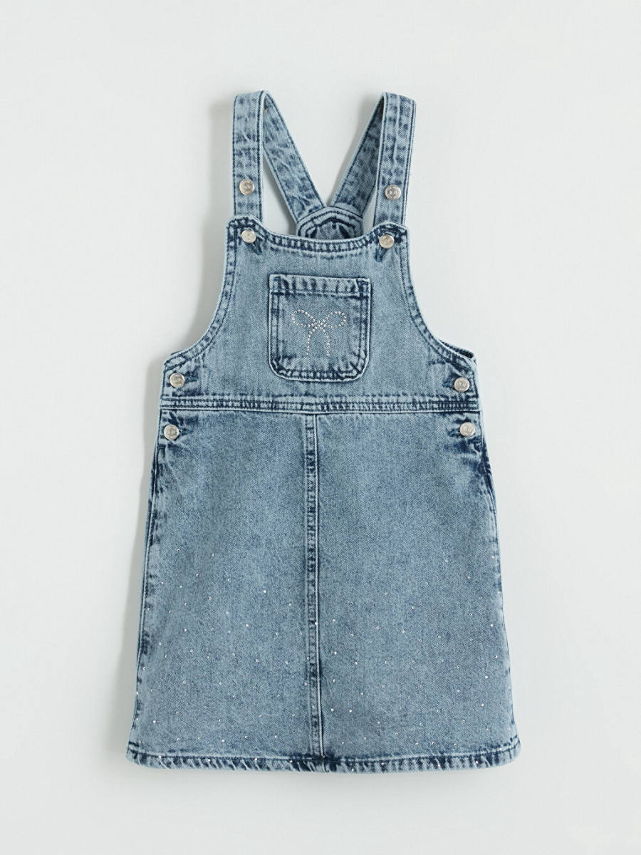 Bow and Stone Embellished Jean Overalls Dress