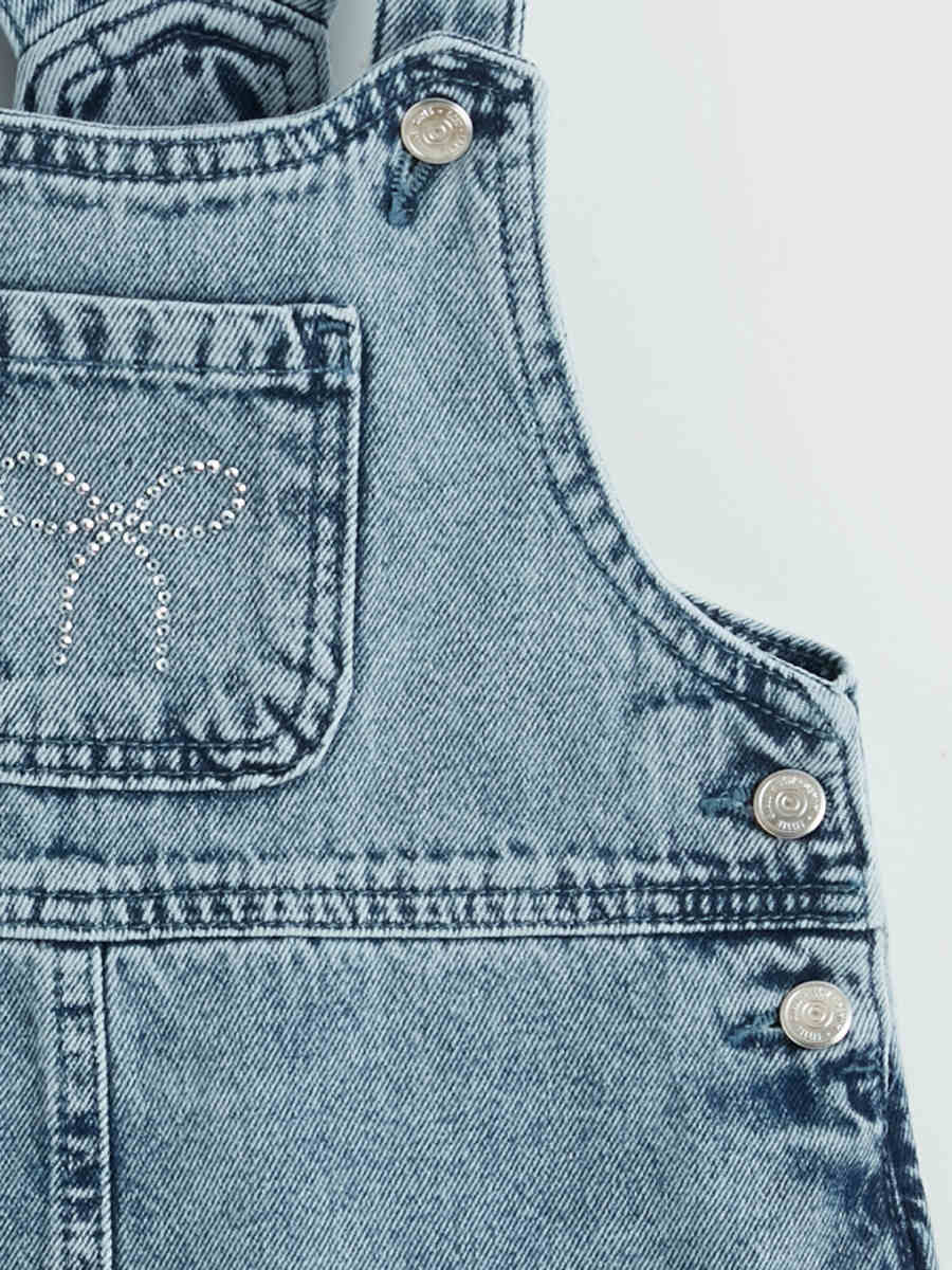 Bow and Stone Embellished Jean Overalls Dress