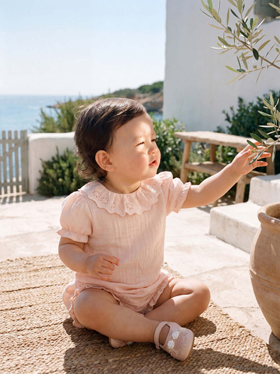 Ruffled Muslin Snap-Fastening Bodysuit and Shorts