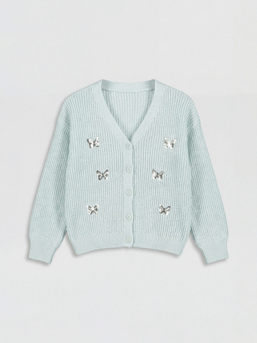 V-Neck Sequin Embellished Knit Cardigan